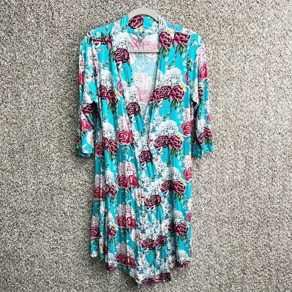 Posh Peanut Robe Women's Large Light Blue and‎ Pink Floral Print 3/4 Sleeve